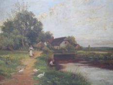 WILL ALLEN. Rural wooded river landscape with figures, ducks and cottage, signed and dated 1913