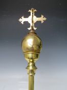 A POLISHED BRASS ECCLESIASTICAL QUATRE CROSS ON ORB PROCESSIONAL STAFF, marked Wayes & Finch, L