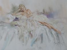 GORDON KING (b.1939). Study of a semi nude woman reclining on a bed 'Serena', signed in pencil lower