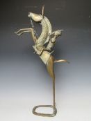 TWO AFRICAN BENIN STYLE METAL FIGURES, comprising a warrior on horseback, H 65 cm, together with a