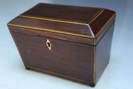 AN INLAID SARCOPHAGUS TEA CADDY, W 18 cm Condition Report:no key, probably matched interior lids