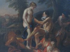 (XVIII). An old master style wooded landscape with female and male figures resting, buildings in