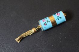 AN ENAMEL AND GILT METAL PURSE / CHATALAINE WATCH, with slide opening design, closed W 6.5 cm inc