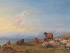 (XIX). A coastal landscape with figures and sheep on cliff top pasture, unsigned, oil on canvas,