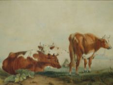 T. S. COOPER. (XIX-XX). British school, coastal landscape with cattle resting, town beyond, signed