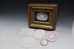A COLLECTION OF SIX PORCELAIN PLAQUES, to include a Wedgwood green jasperware style framed