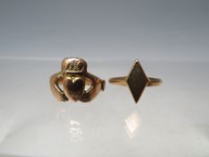 A 9CT GOLD CLADDAUGH RING A/F, size P, approx 3.95 g, together with a hallmarked 9ct gold and
