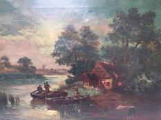 A 19TH CENTURY MOONLIT WOODED RIVER LANDSCAPE, with figures, boats, cottage and windmill,