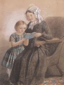 AN INTERIOR SCENE WITH SEATED WOMAN & YOUNG CHILD READING, signed and dated 1850 lower right,