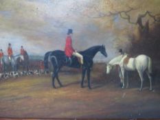 (XIX). A hunting scene with huntsmen, horses and a pack of hounds, unsigned, oil on board, framed,