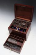 A MAHOGANY APOTHECARY BOX AND CONTENTS, W 23 cm