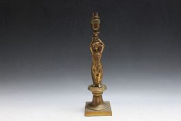 A GILT METAL FIGURAL TABLE LAMP STAND, H 40 cmCondition Report:hole in side of neck - see images
