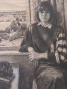 A 20TH CENTURY INTERIOR SCENE, with seated young woman before a window, landscape beyond,