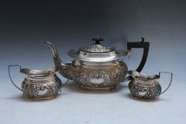 A MATCHED HALLMARKED SILVER THREE PIECE TEA SERVICE, various dates and makers, approx combined