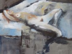MICHAEL SMITH (XX). English school, female nude reclining on a bed, signed lower left, oil on board,