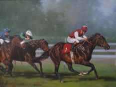 GRAHAM ISOM (b.1945). Horse racing scene 'Dewhurst Stakes', see verso, signed lower left, oil on