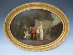 (XIX). English school, oval study of figures, dog and sheep before a farmstead, unsigned, oil on
