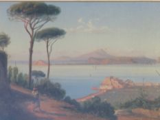 (XIX). Neapolitan school, Bay of Naples scene with figure in foreground and Vesuvius in