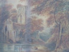 (XVIII). English school, wooded river scene with figures and abbey ruins, unsigned, watercolour,