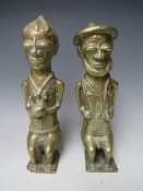 A PAIR OF AFRICAN BENIN STYLE TRIBAL BRASS FIGURES, tallest H 24.5 cm