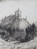 HENRY PERCY HUGGILL (1886-1957). A Continental wooded river landscape with figures and hill top