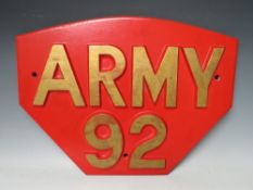 A WOODEN LOCOMOTIVE FOUNDRY CASTING MOULD NAME PLATE 'ARMY 92', painted red and gold, W 49 cm, H