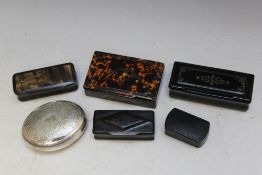 A COLLECTION OF SIX SNUFF BOXES ETC, to include papier mache examples, widest 10.25 cm