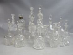 A COLLECTION OF SMALL / MINIATURE GLASS DECANTERS ETC., to include a thistle shaped decanter with