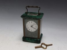 A MATTHEW NORMAN OF LONDON MALACHITE CARRIAGE CLOCK, with key, H 11 cm