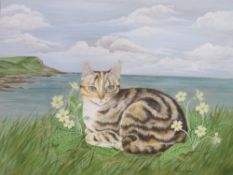 FIONA HUGHES (XX). Study of a cat resting in a coastal landscape, signed lower right, watercolour,