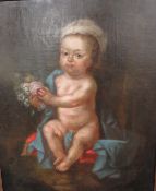 (XVII - XVIII). A portrait study of a seated baby holding a bunch of flowers, unsigned, oil on