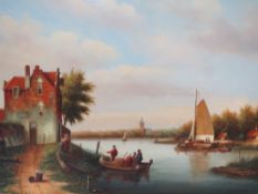 PIETER C. STEENHOUWER (1896-1972). Dutch school, river landscape with boats, figures & buildings,