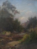 R. PEARSON. Urban wooded river scene with weir, houses in background, signed and dated 1897 lower