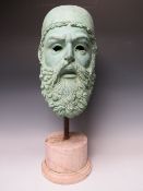 A 20TH CENTURY BRONZE HEAD STUDY OF A GREEK PHILOSOPHER, set on a circular marble base, overall H 61