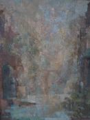 DENISE JAMESON (XX). Impressionist atmospheric wooded river scene with buildings, signed lower left,