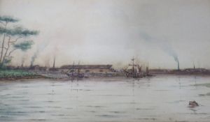 FREDERICK JOHN BARTRAM HILES (1872-1927). River landscape with sailing vessels and industrial