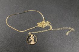 A HALLMARKED 9CT GOLD ST CHRISTOPHER ON CHAIN = APPROX WEIGHT 3.2 G TOGETHER WITH TWO FINE YELLOW