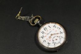 A LARGE OPEN FACED MANUAL WIND REGULATEUR POCKET WATCH WITH KEY