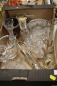 A TRAY OF ASSORTED GLASSWARE ETC TO INCLUDE OVERLAY VASES