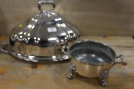 A SILVER PLATED TWIN HANDLED SERVING TRAY WITH COVER ENGRAVED WITH HERALDIC CREST TOGETHER WITH A