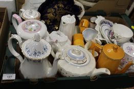A TRAY OF ASSORTED CERAMIC COFFEE POTS ETC COALPORT, SHELLEY ETC