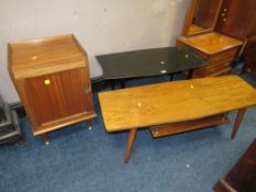 TWO RETRO COFFEE TABLES AND A BEDSIDE CABINET (3)
