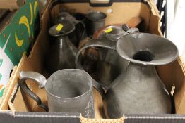 A TRAY OF ANTIQUE PEWTER ETC TOGETHER WITH A SET OF HAND BELLOWS