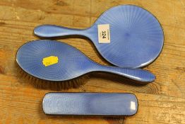 A HALLMARKED SILVER & GUILLOCHE ENAMEL THREE PIECE DRESSING TABLE SET
