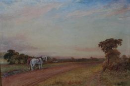 (XIX-XX). A wooded landscape with two horses ploughing, indistinctly signed lower right,