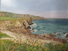 A GILT FRAMED OIL ON BOARD OF A ROCKY COASTAL SCENE SIGNED LOWER RIGHT J BROADMEADOW LOWER RIGHT