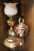 THREE PIECES OF COPPERWARE TO INCLUDE A KETTLE AND A CONVERTED LAMP