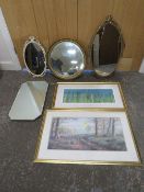 A GILT CIRCULAR MIRROR, AN OVAL MIRROR, DECO MIRROR AND TWO PRINTS (5)