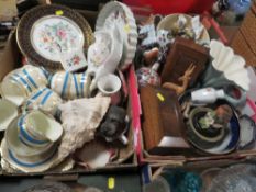 TWO TRAYS OF ASSORTED CERAMICS, TREEN ETC TO INCLUDE A GILDED AYNSLEY PEMBROKE PLATE