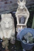 A GARDEN LION, PIG & BARROW, GALVANIZED BUCKET ETC.